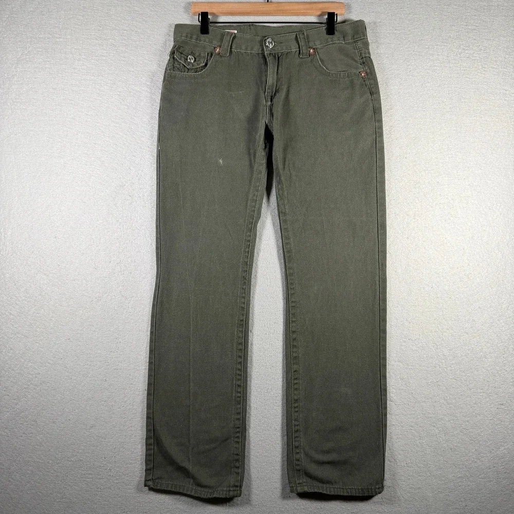 True Religion Billy Super T Mens 34x31 Olive Green Straight Leg Pants USA Made
